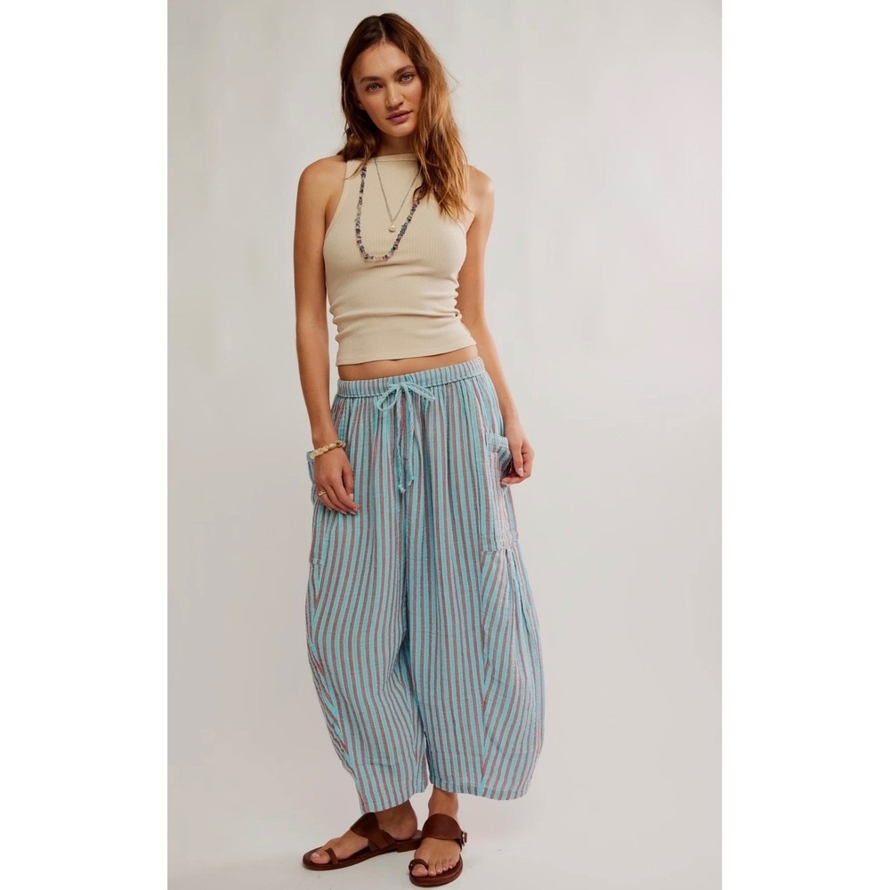 Free People Striped Cotton Gauze Harem Balloon Pants Turquoise Burgundy Small